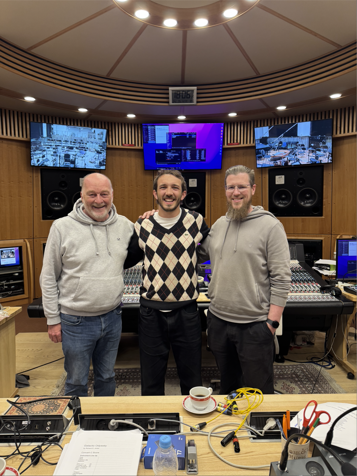 Richard Jones with the production team at Smecky Music Studios, Prague, during the Galactic Odyssey recording session